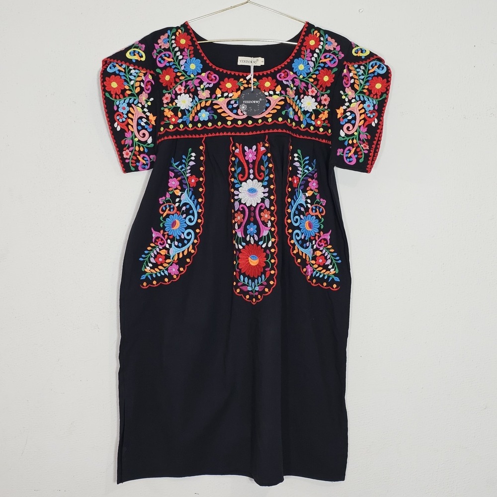YZXDORWJ Mexican Embroidered Women's Dress Sz S Cap Sleeve Boho Black Oversize